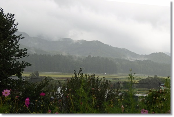 雨の降る田園の風景、山に靄がかかる