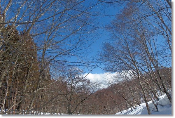 雪が残る初春の山に広がる青空